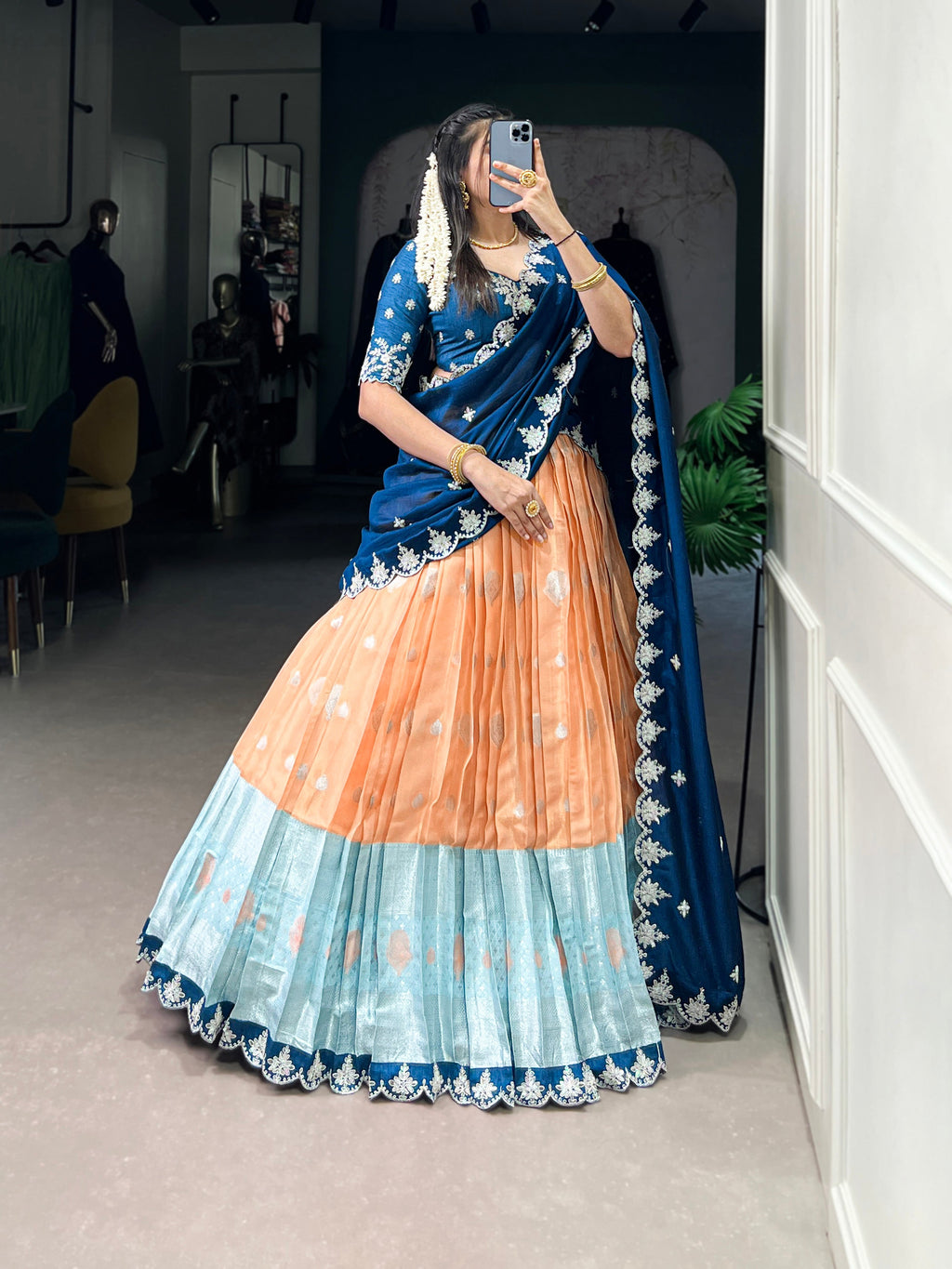 Lorenvalley Orange Zari Kota Zari Weaving Work With Sequins and Thread Embroidery Scallop Lace Border Lehenga Choli with Dupatta | Grocsy