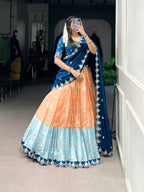 Lorenvalley Orange Zari Kota Zari Weaving Work With Sequins and Thread Embroidery Scallop Lace Border Lehenga Choli with Dupatta | Grocsy