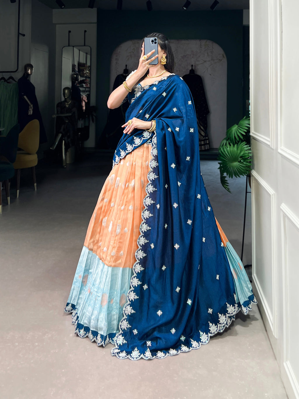 Lorenvalley Orange Zari Kota Zari Weaving Work With Sequins and Thread Embroidery Scallop Lace Border Lehenga Choli with Dupatta | Grocsy