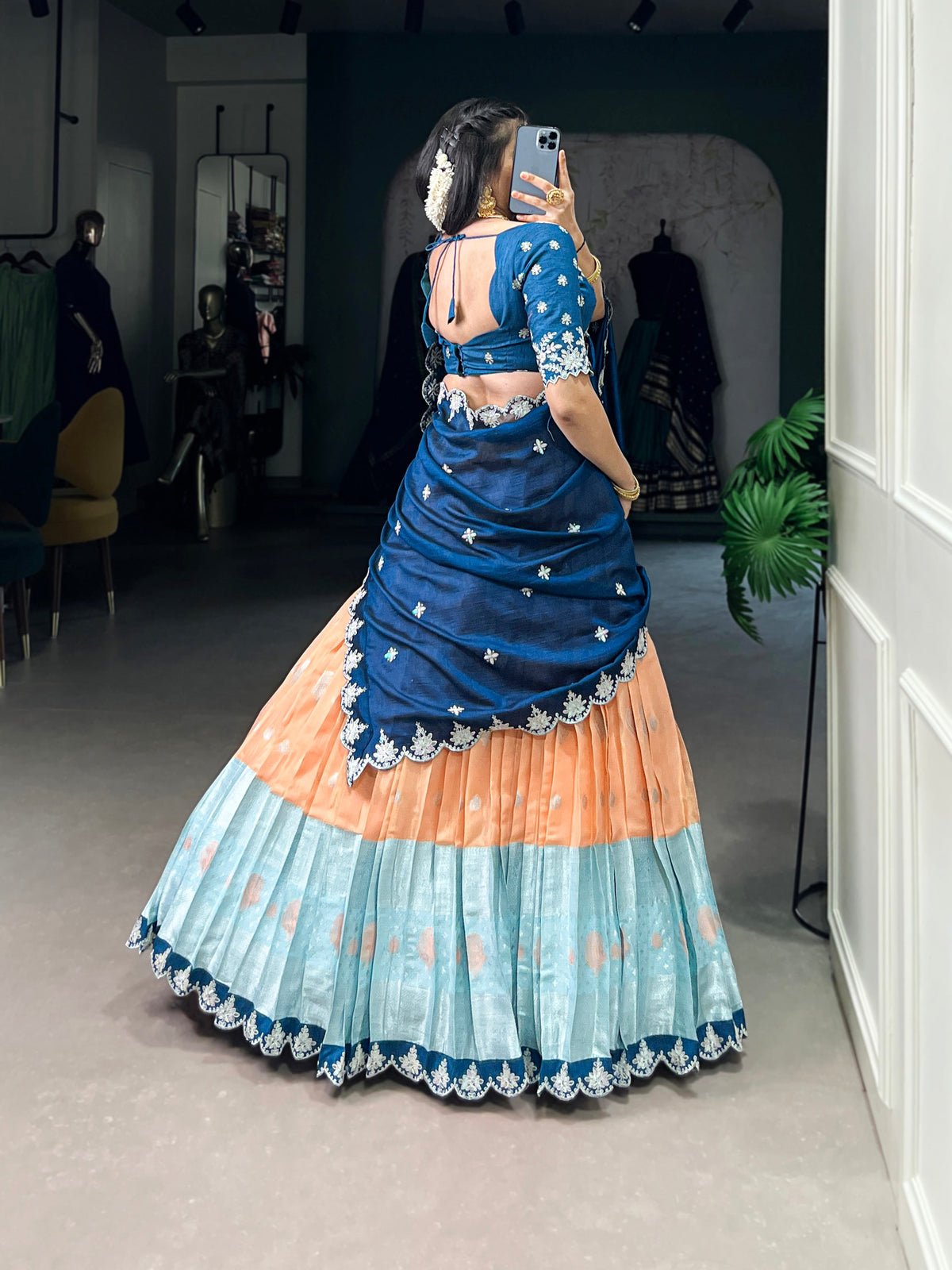 Lorenvalley Orange Zari Kota Zari Weaving Work With Sequins and Thread Embroidery Scallop Lace Border Lehenga Choli with Dupatta | Grocsy