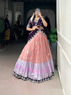 Lorenvalley Peach Zari Kota Zari Weaving Work With Sequins and Thread Embroidery Scallop Lace Border Lehenga Choli with Dupatta | Grocsy