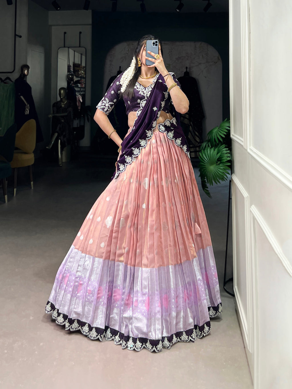 Lorenvalley Peach Zari Kota Zari Weaving Work With Sequins and Thread Embroidery Scallop Lace Border Lehenga Choli with Dupatta | Grocsy