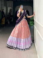 Lorenvalley Peach Zari Kota Zari Weaving Work With Sequins and Thread Embroidery Scallop Lace Border Lehenga Choli with Dupatta | Grocsy