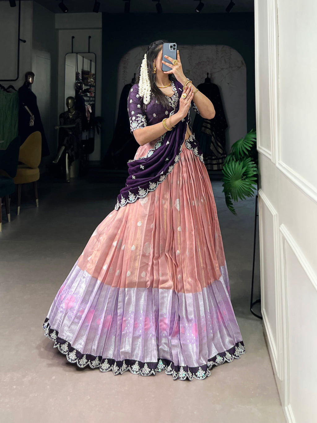 Lorenvalley Peach Zari Kota Zari Weaving Work With Sequins and Thread Embroidery Scallop Lace Border Lehenga Choli with Dupatta | Grocsy
