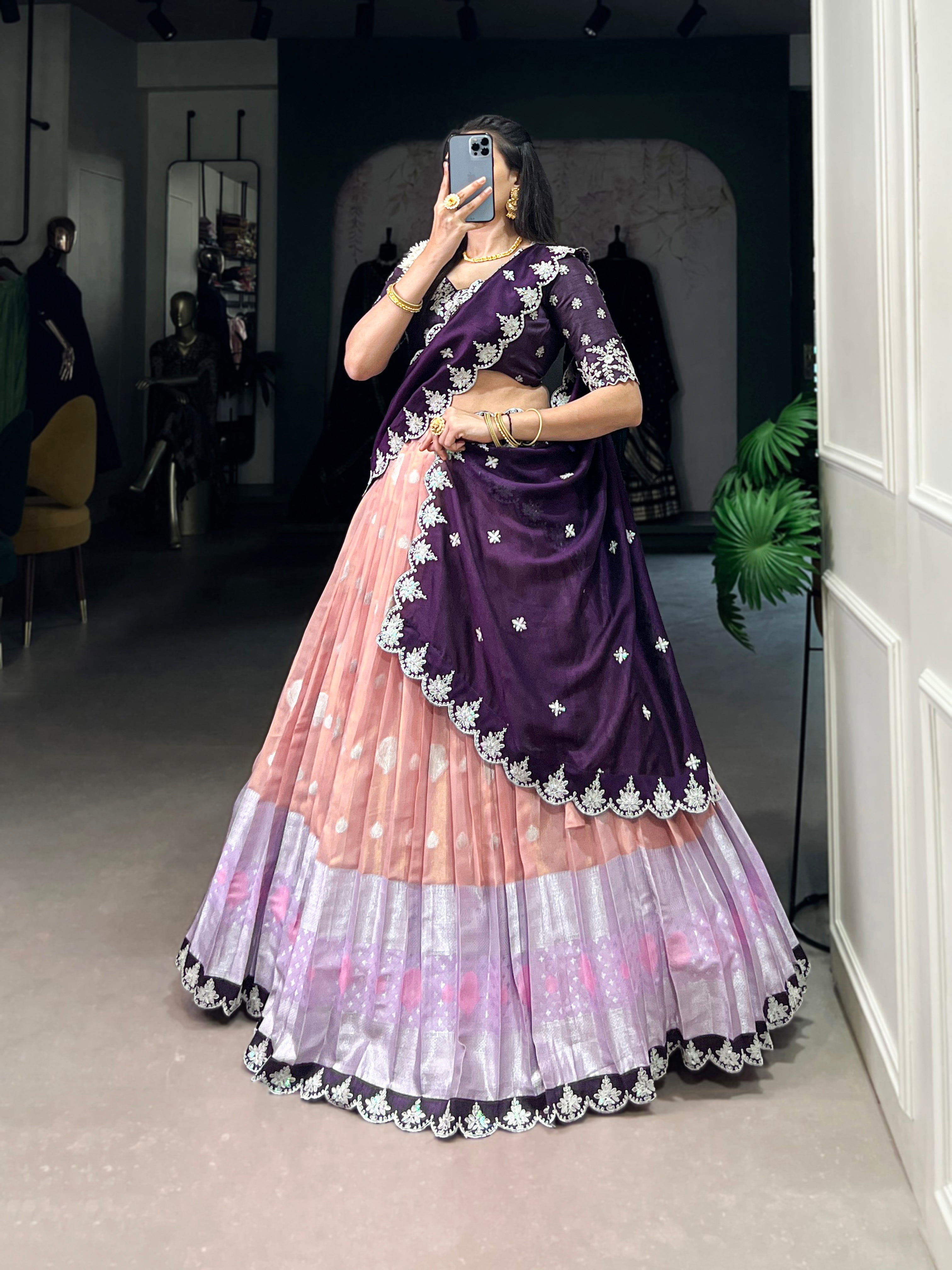Lorenvalley Peach Zari Kota Zari Weaving Work With Sequins and Thread Embroidery Scallop Lace Border Lehenga Choli with Dupatta | Grocsy