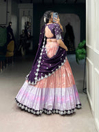 Lorenvalley Peach Zari Kota Zari Weaving Work With Sequins and Thread Embroidery Scallop Lace Border Lehenga Choli with Dupatta | Grocsy