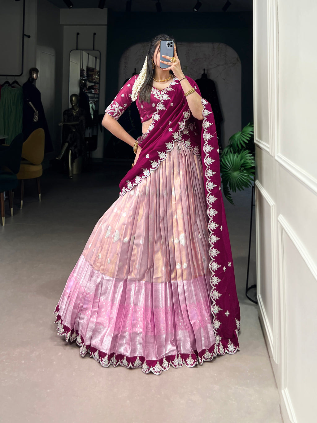 Lorenvalley Pink Zari Kota Zari Weaving Work With Sequins and Thread Embroidery Scallop Lace Border Lehenga Choli with Dupatta | Grocsy