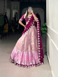 Lorenvalley Pink Zari Kota Zari Weaving Work With Sequins and Thread Embroidery Scallop Lace Border Lehenga Choli with Dupatta | Grocsy