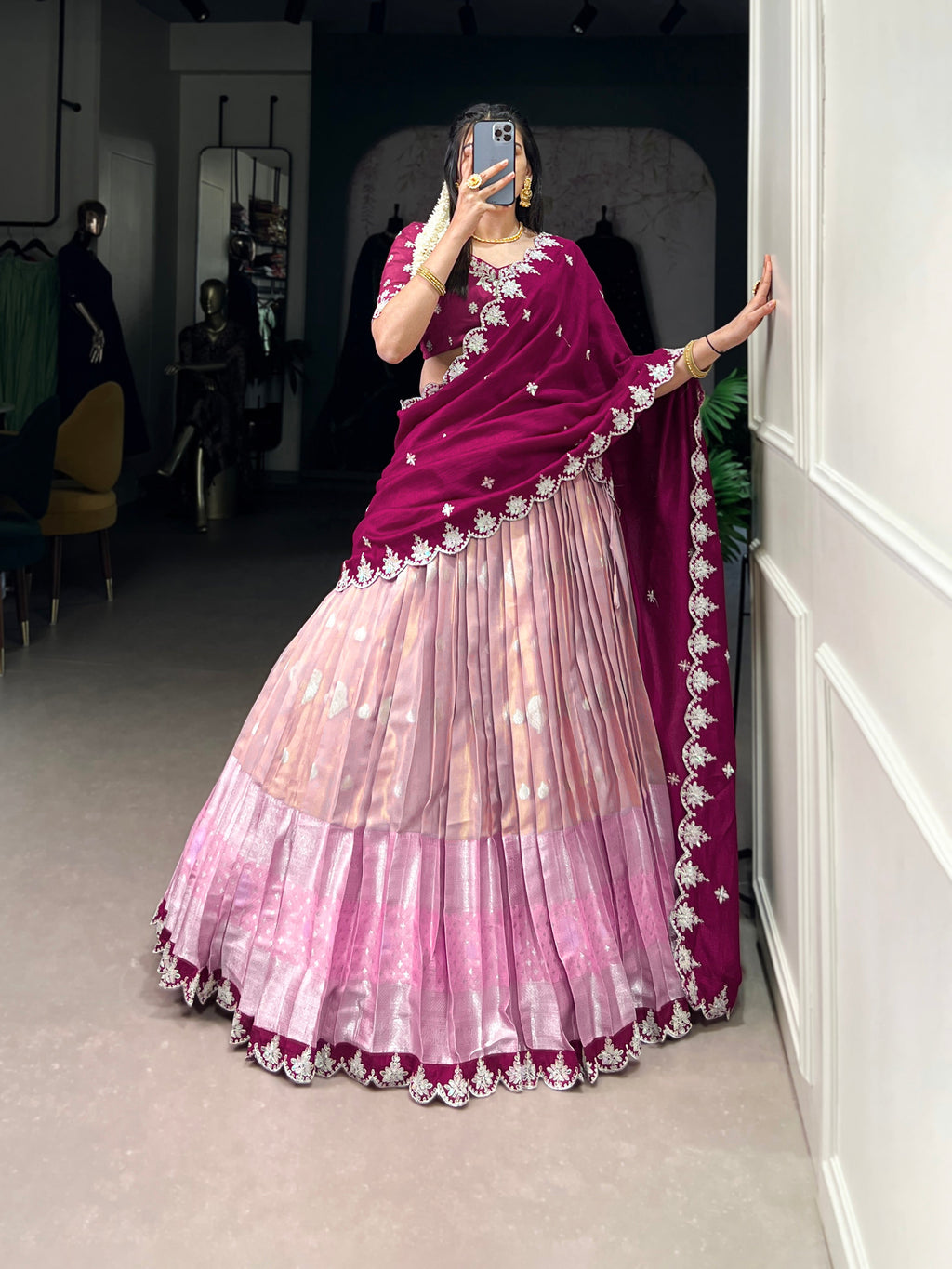 Lorenvalley Pink Zari Kota Zari Weaving Work With Sequins and Thread Embroidery Scallop Lace Border Lehenga Choli with Dupatta | Grocsy