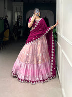 Lorenvalley Pink Zari Kota Zari Weaving Work With Sequins and Thread Embroidery Scallop Lace Border Lehenga Choli with Dupatta | Grocsy