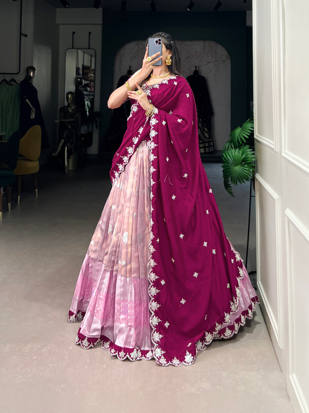Lorenvalley Pink Zari Kota Zari Weaving Work With Sequins and Thread Embroidery Scallop Lace Border Lehenga Choli with Dupatta | Grocsy