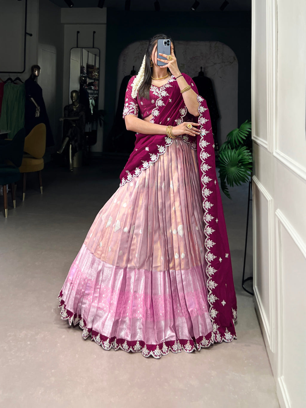 Lorenvalley Pink Zari Kota Zari Weaving Work With Sequins and Thread Embroidery Scallop Lace Border Lehenga Choli with Dupatta | Grocsy