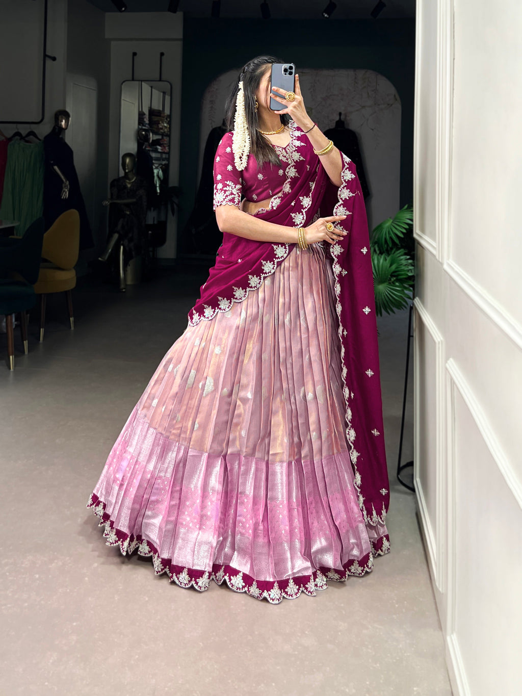 Lorenvalley Pink Zari Kota Zari Weaving Work With Sequins and Thread Embroidery Scallop Lace Border Lehenga Choli with Dupatta | Grocsy