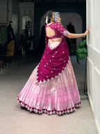 Lorenvalley Pink Zari Kota Zari Weaving Work With Sequins and Thread Embroidery Scallop Lace Border Lehenga Choli with Dupatta | Grocsy