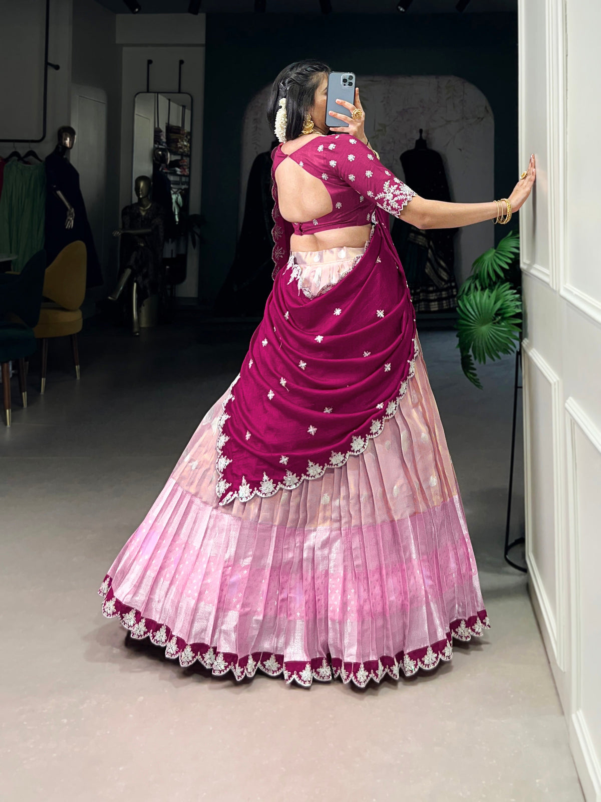 Lorenvalley Pink Zari Kota Zari Weaving Work With Sequins and Thread Embroidery Scallop Lace Border Lehenga Choli with Dupatta | Grocsy