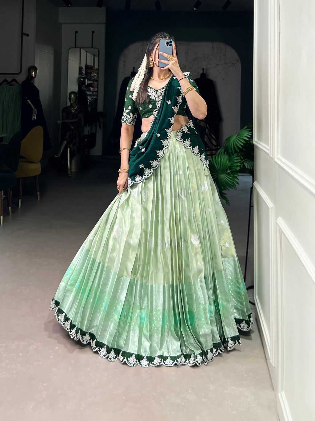 Lorenvalley Pista Zari Kota Zari Weaving Work With Sequins and Thread Embroidery Scallop Lace Border Lehenga Choli with Dupatta | Grocsy