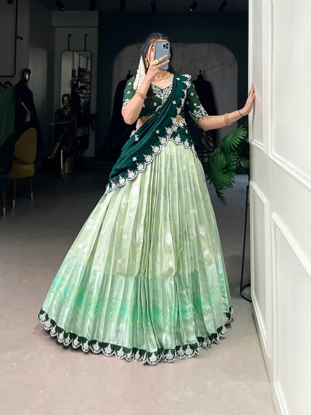 Lorenvalley Pista Zari Kota Zari Weaving Work With Sequins and Thread Embroidery Scallop Lace Border Lehenga Choli with Dupatta | Grocsy