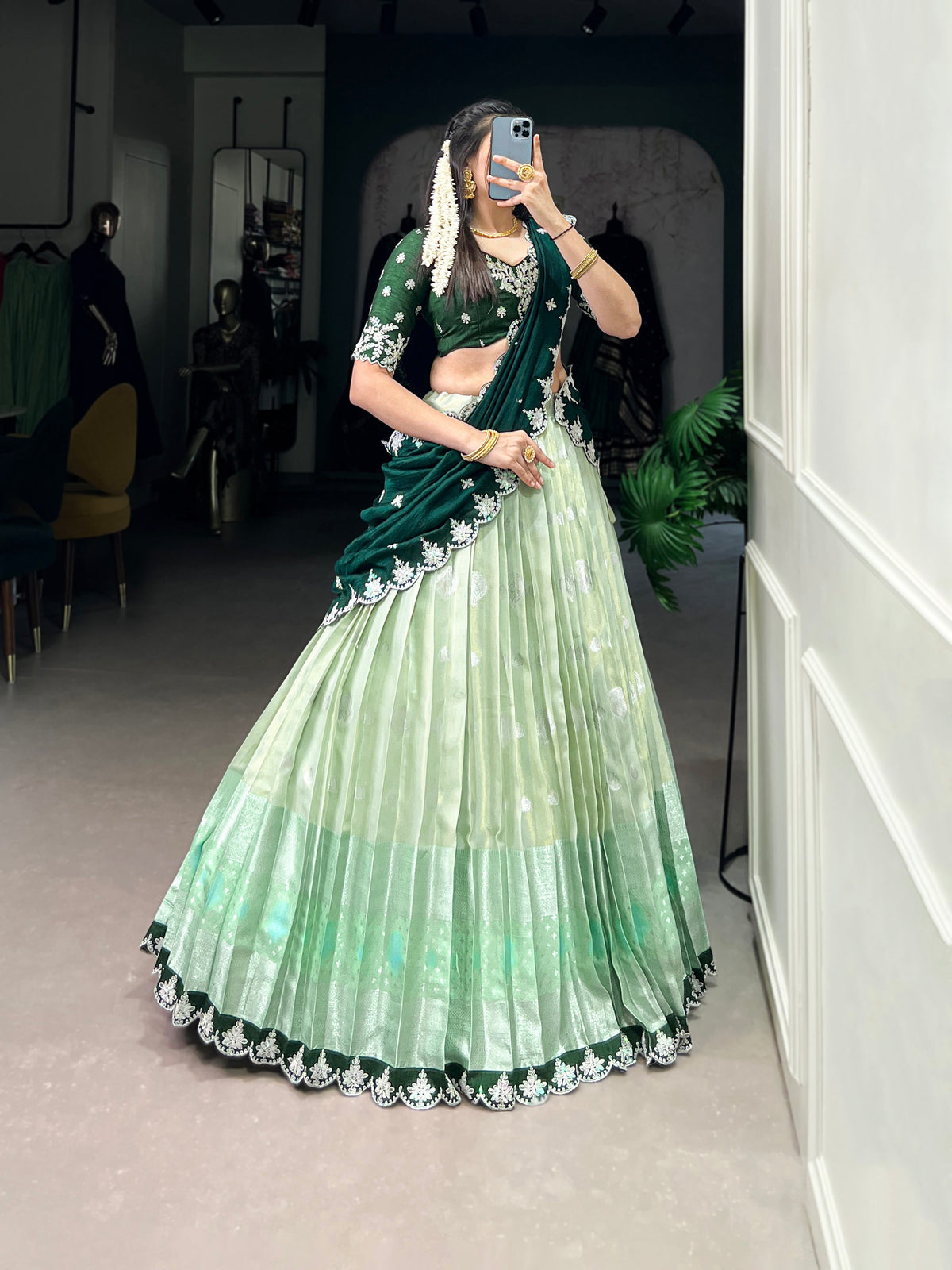 Lorenvalley Pista Zari Kota Zari Weaving Work With Sequins and Thread Embroidery Scallop Lace Border Lehenga Choli with Dupatta | Grocsy