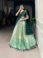 Lorenvalley Pista Zari Kota Zari Weaving Work With Sequins and Thread Embroidery Scallop Lace Border Lehenga Choli with Dupatta | Grocsy