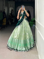Lorenvalley Pista Zari Kota Zari Weaving Work With Sequins and Thread Embroidery Scallop Lace Border Lehenga Choli with Dupatta | Grocsy