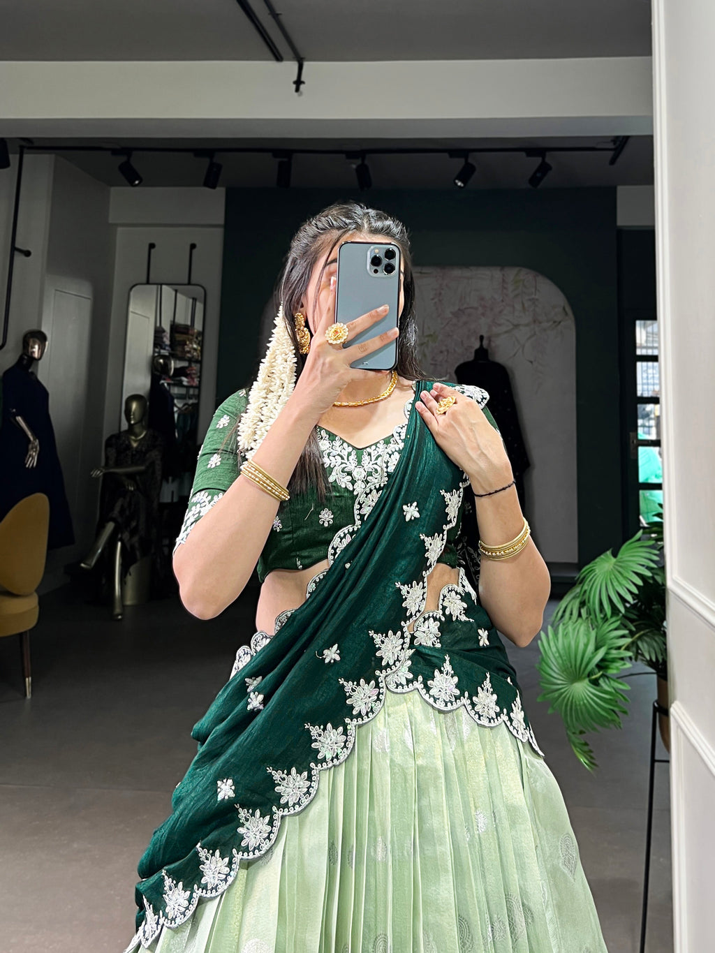 Lorenvalley Pista Zari Kota Zari Weaving Work With Sequins and Thread Embroidery Scallop Lace Border Lehenga Choli with Dupatta | Grocsy