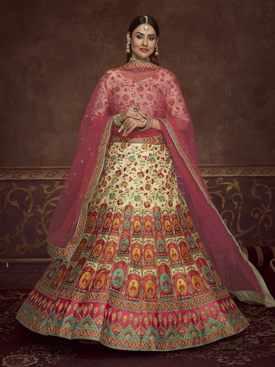 Myra Beige and Pink Art Silk Embroidered Designer Lehenga | Grocsy