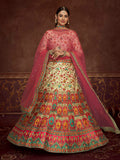 Myra Beige and Pink Art Silk Embroidered Designer Lehenga | Grocsy