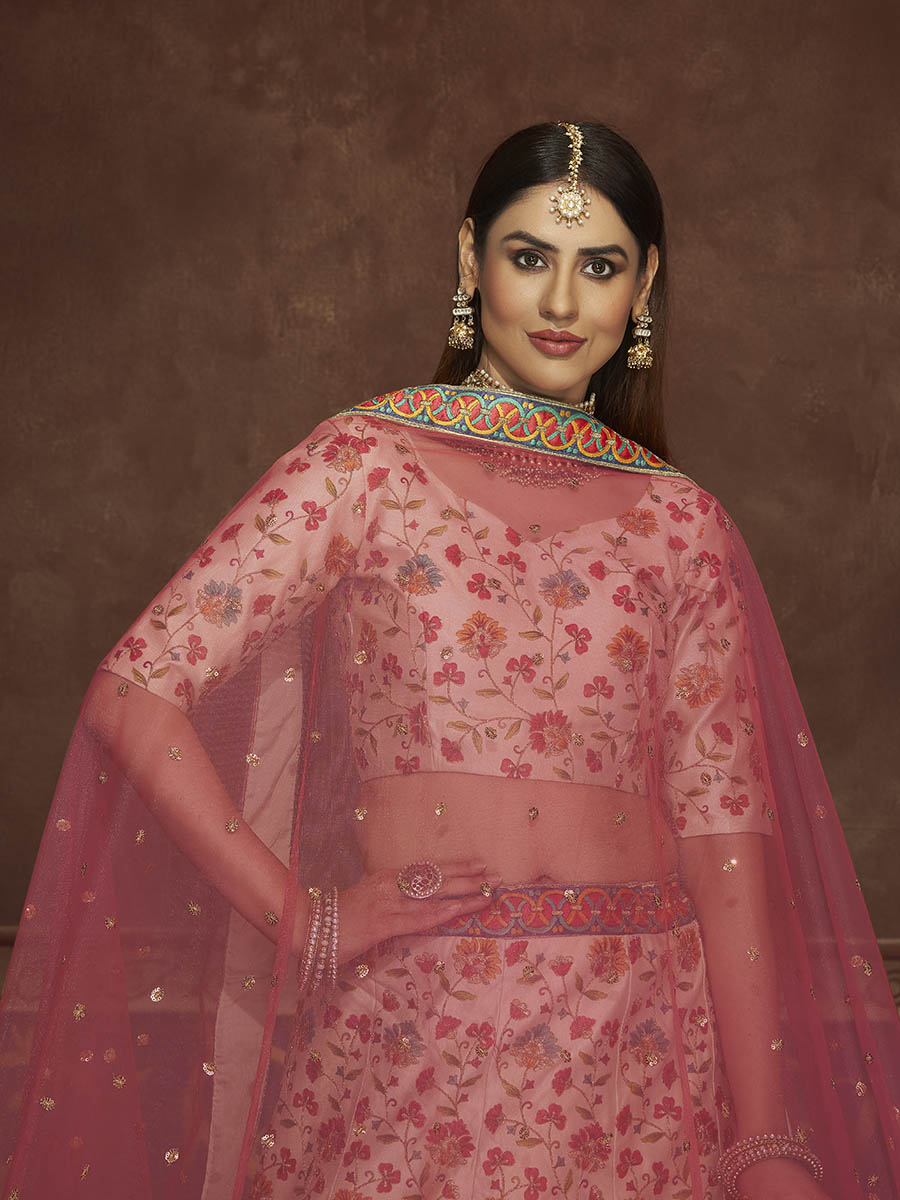 Myra Beige and Pink Art Silk Embroidered Designer Lehenga | Grocsy