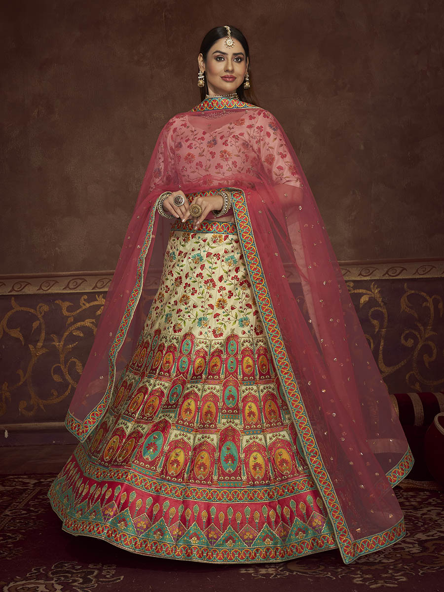 Myra Beige and Pink Art Silk Embroidered Designer Lehenga | Grocsy