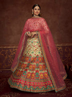 Myra Beige and Pink Art Silk Embroidered Designer Lehenga | Grocsy