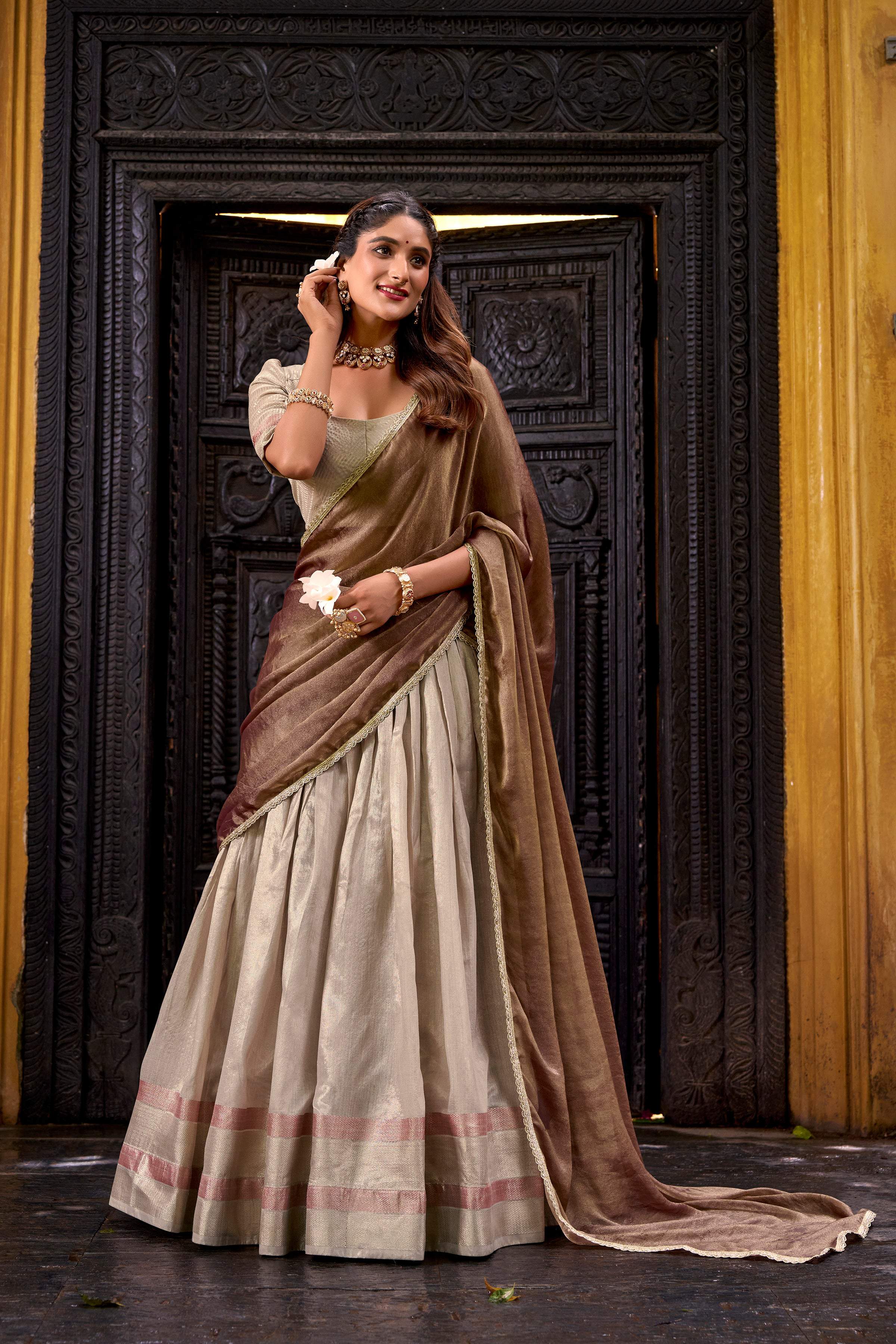 Evanik Traditional Cream Dupion Silk With Zari Weaving Work Fully Stitched Lehenga Choli | Grocsy