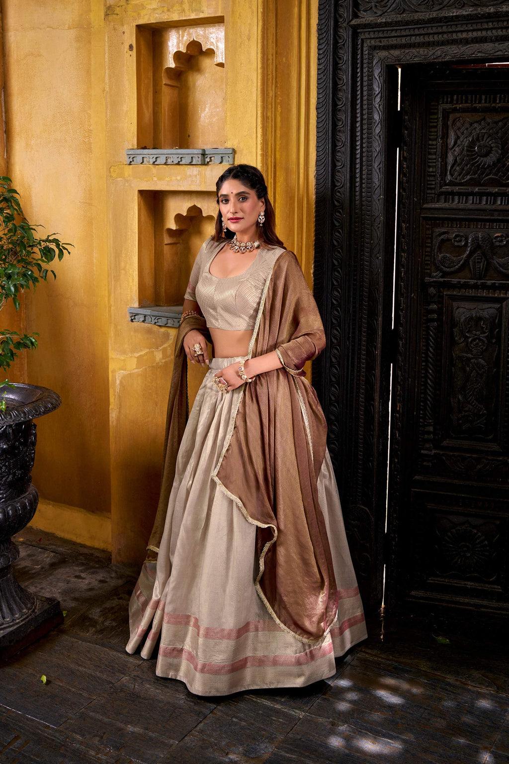 Evanik Traditional Cream Dupion Silk With Zari Weaving Work Fully Stitched Lehenga Choli | Grocsy