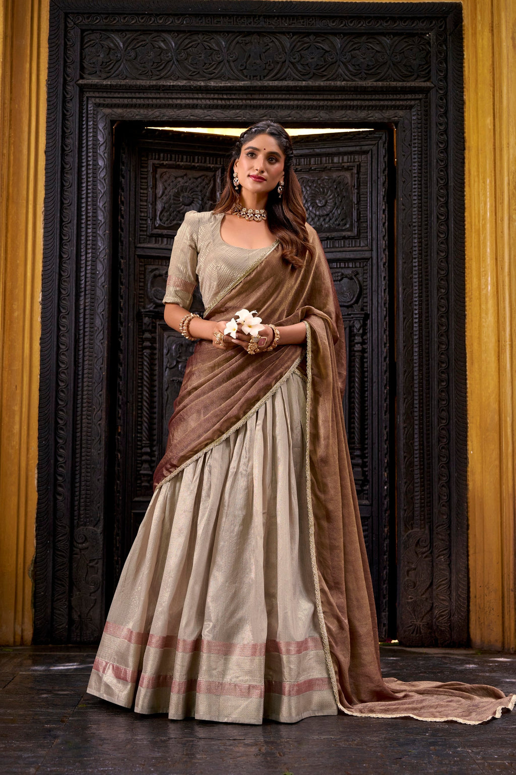 Lorenvalley Fashion Cream Dupion Silk Zari Weaving Work Lehenga Choli with Dupatta | Grocsy