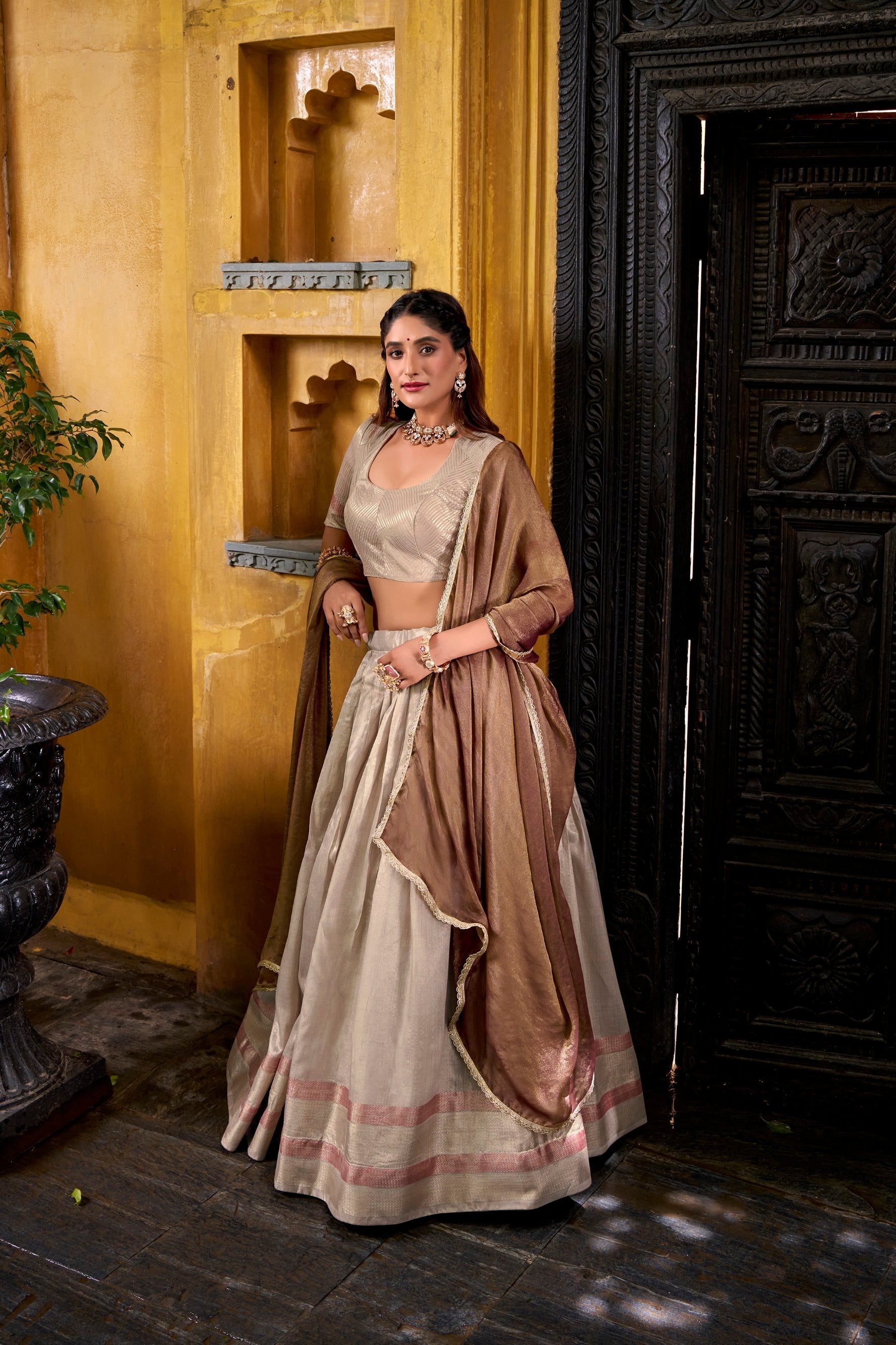 Lorenvalley Fashion Cream Dupion Silk Zari Weaving Work Lehenga Choli with Dupatta | Grocsy