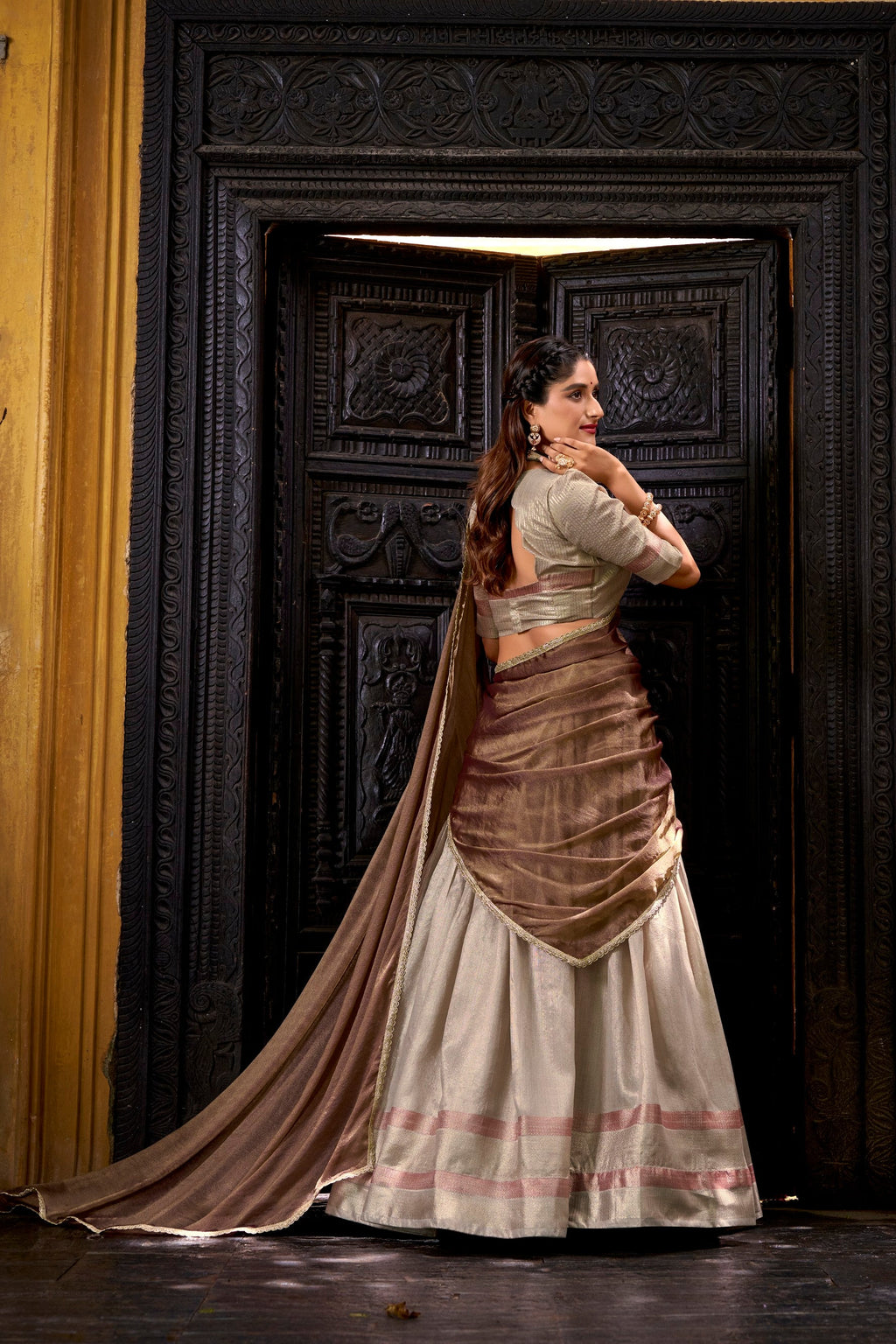 Lorenvalley Fashion Cream Dupion Silk Zari Weaving Work Lehenga Choli with Dupatta | Grocsy