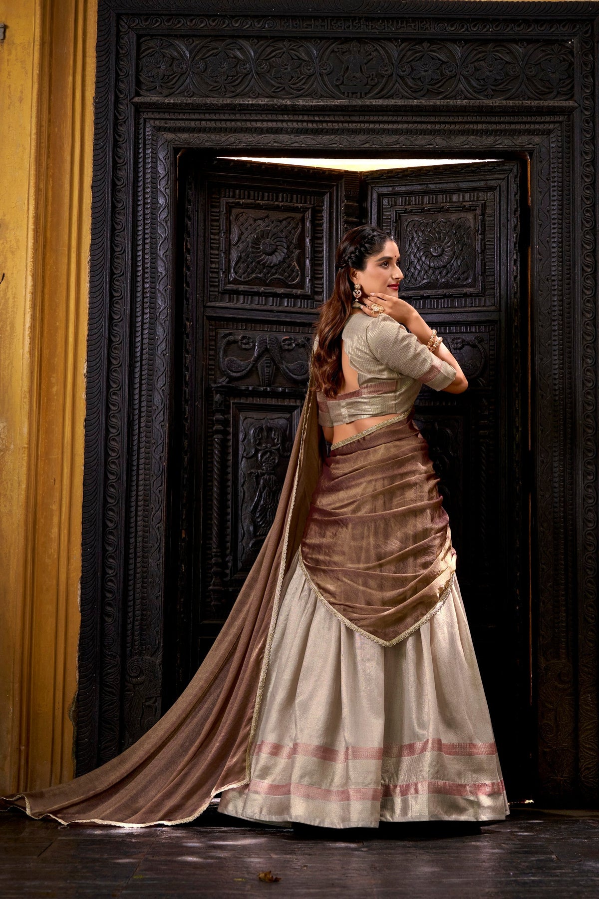 Lorenvalley Fashion Cream Dupion Silk Zari Weaving Work Lehenga Choli with Dupatta | Grocsy