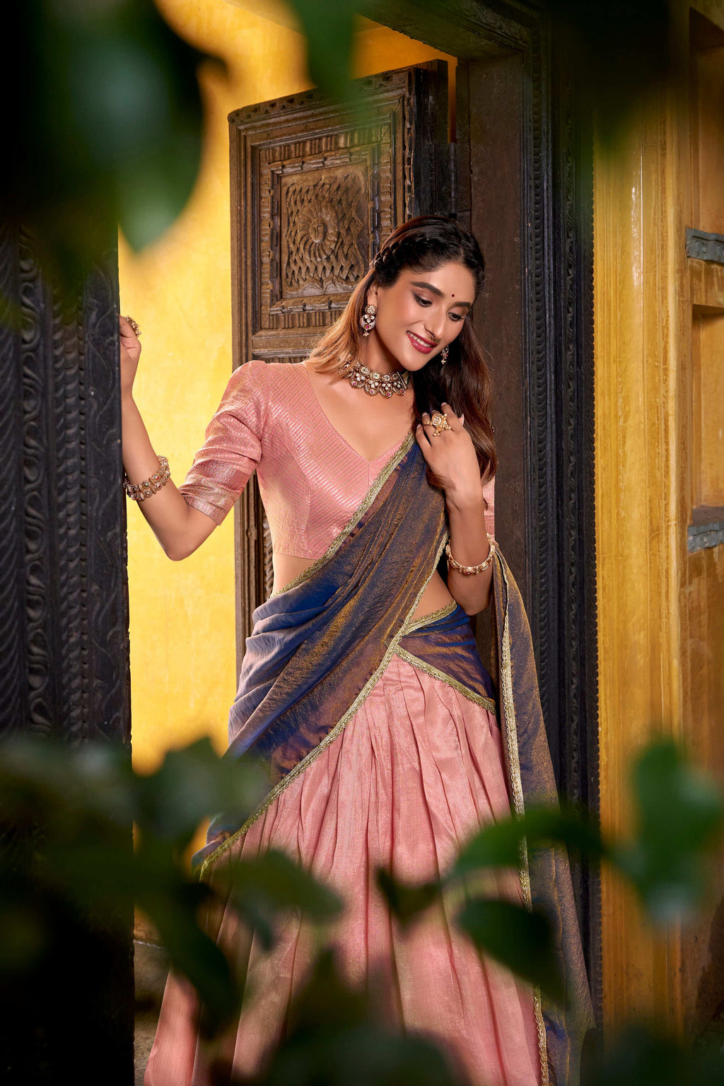 Evanik Traditional Pink Dupion Silk With Zari Weaving Work Fully Stitched Lehenga Choli | Grocsy