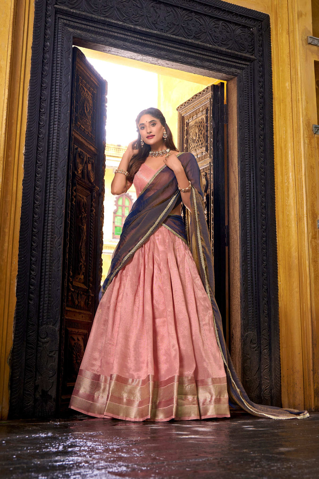 Evanik Traditional Pink Dupion Silk With Zari Weaving Work Fully Stitched Lehenga Choli | Grocsy