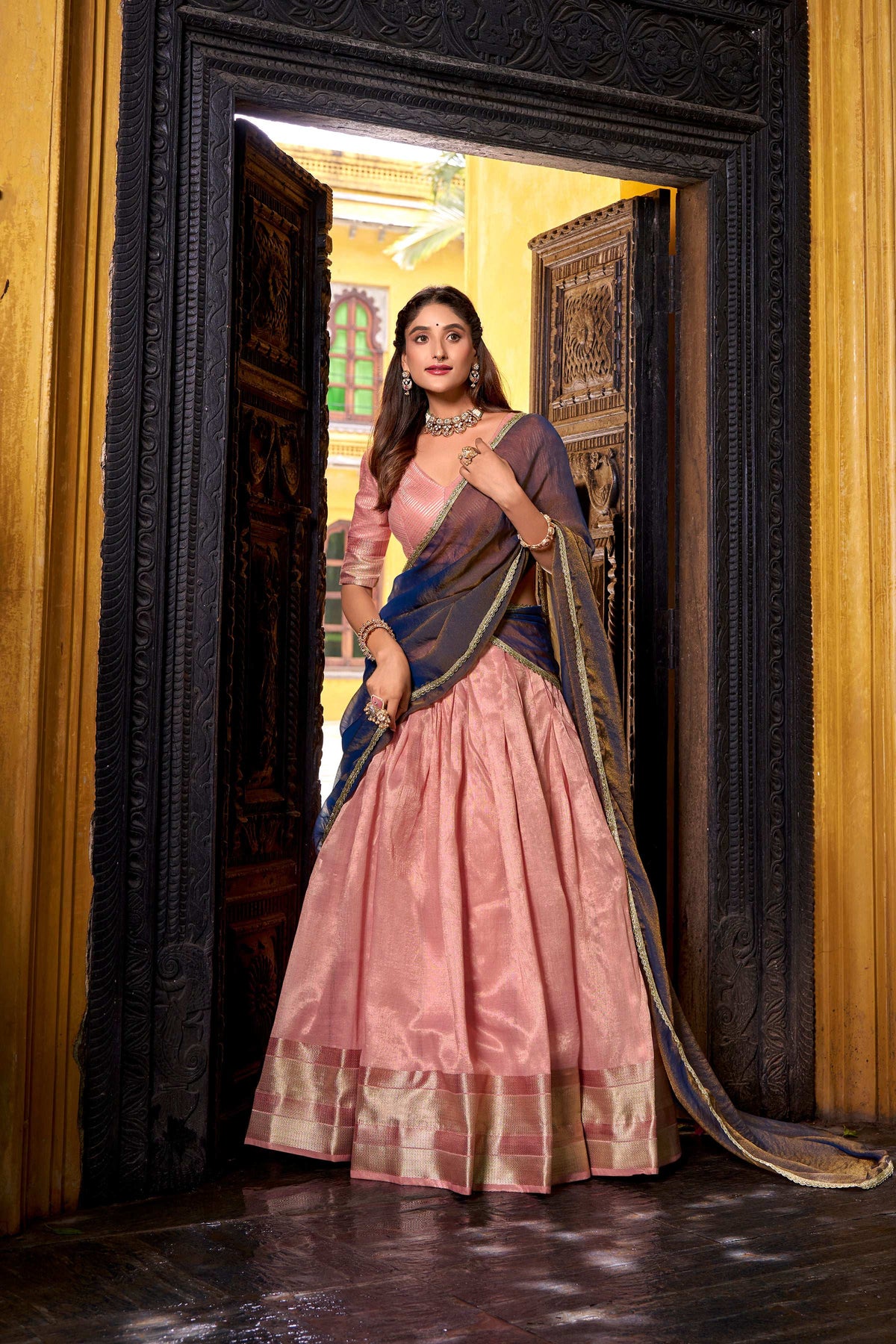 Evanik Traditional Pink Dupion Silk With Zari Weaving Work Fully Stitched Lehenga Choli | Grocsy