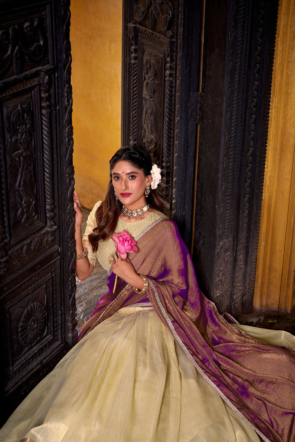 Evanik Traditional Yellow Dupion Silk With Zari Weaving Work Fully Stitched Lehenga Choli | Grocsy