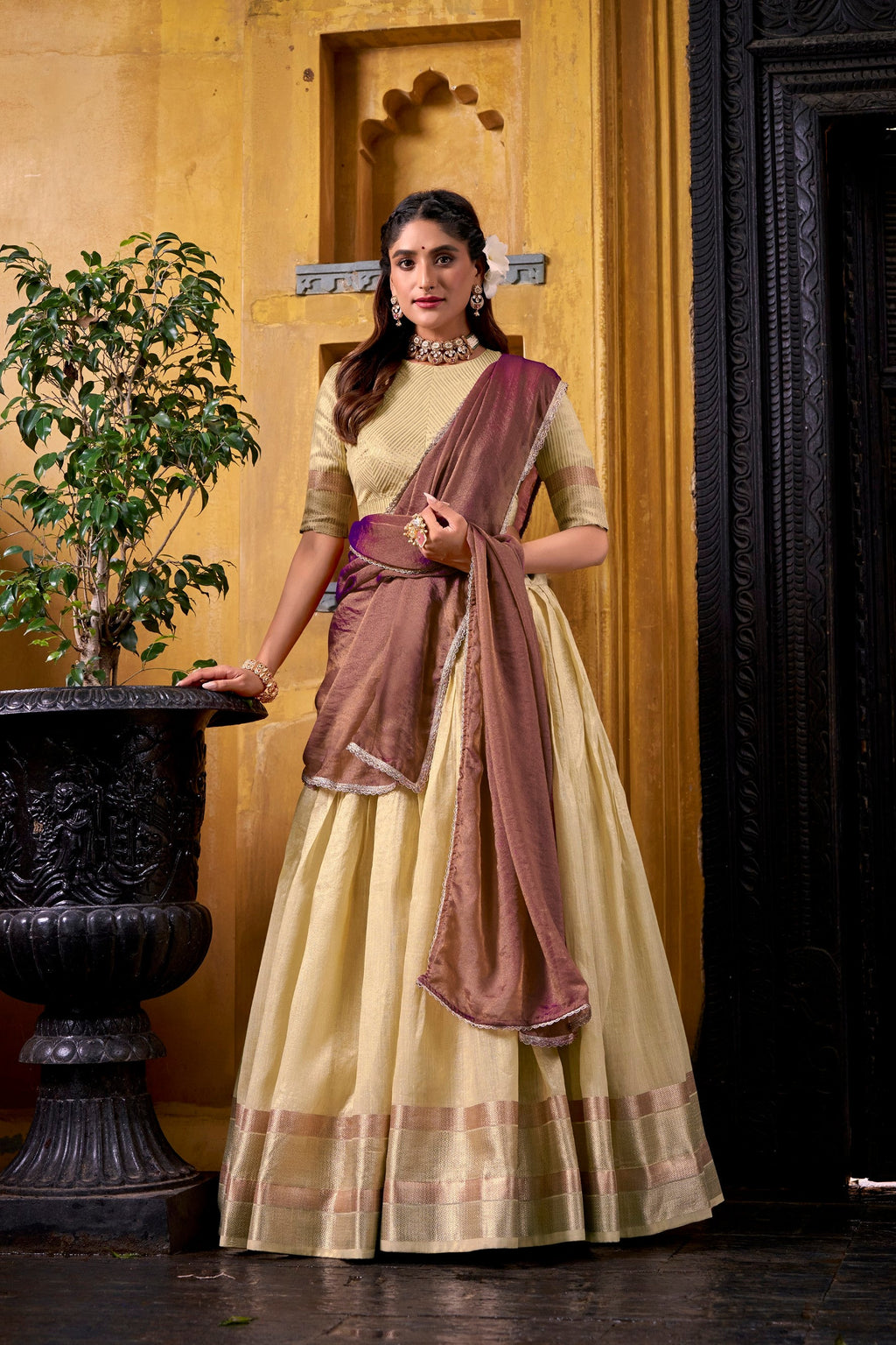 Lorenvalley Fashion Yellow Dupion Silk Zari Weaving Work Lehenga Choli with Dupatta | Grocsy