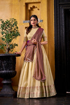 Lorenvalley Fashion Yellow Dupion Silk Zari Weaving Work Lehenga Choli with Dupatta | Grocsy