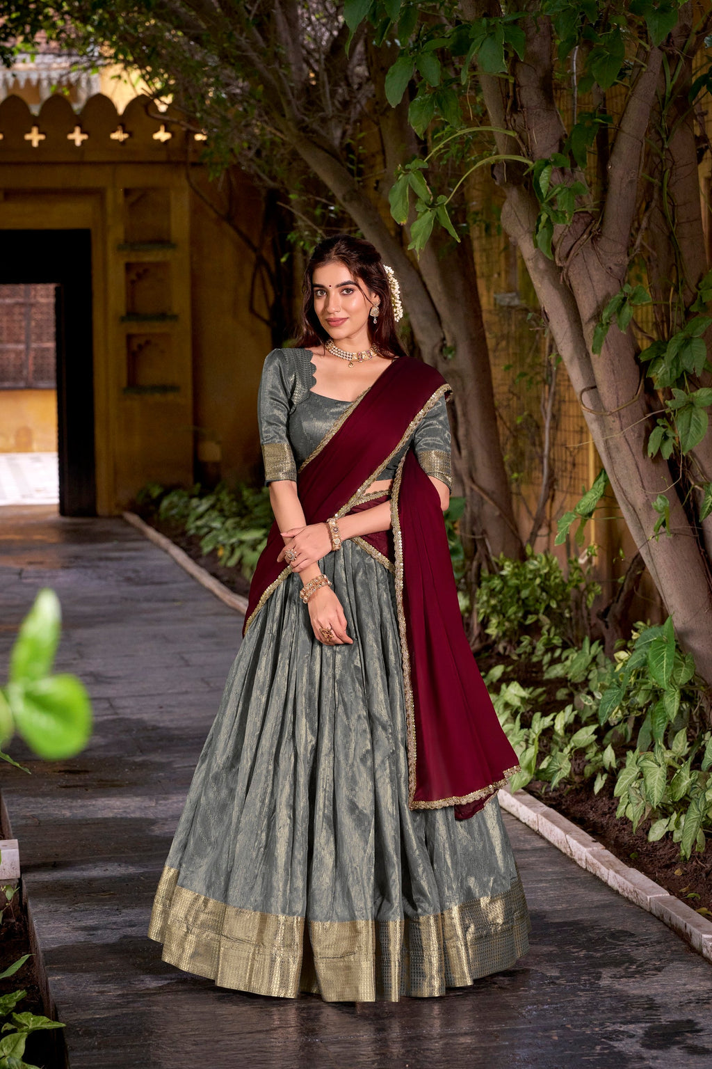 Lorenvalley Fashion Grey Dupion Silk Zari Weaving Work Lehenga Choli with Dupatta | Grocsy