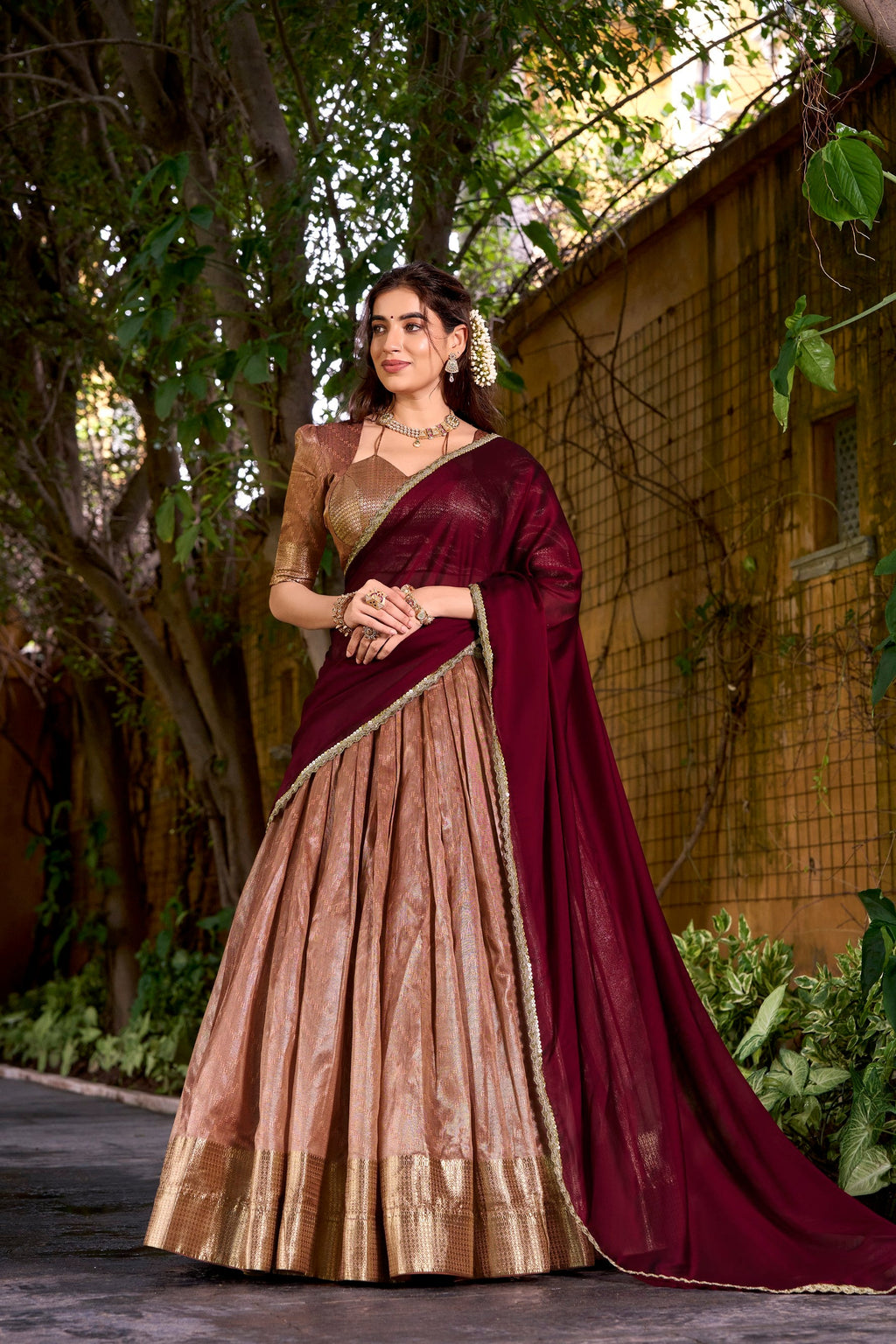 Lorenvalley Fashion Peach Dupion Silk Zari Weaving Work Lehenga Choli with Dupatta | Grocsy
