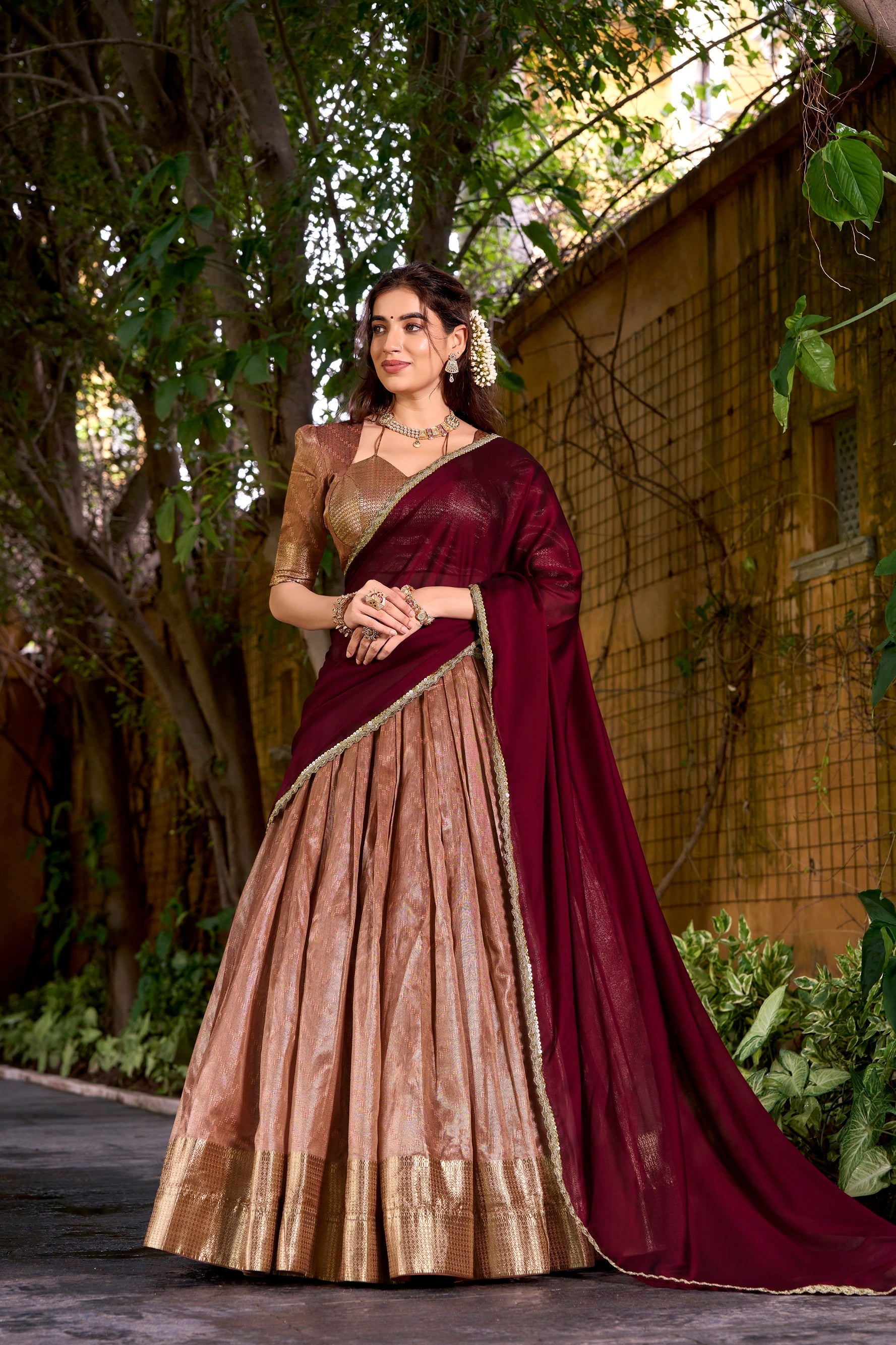 Lorenvalley Fashion Peach Dupion Silk Zari Weaving Work Lehenga Choli with Dupatta | Grocsy