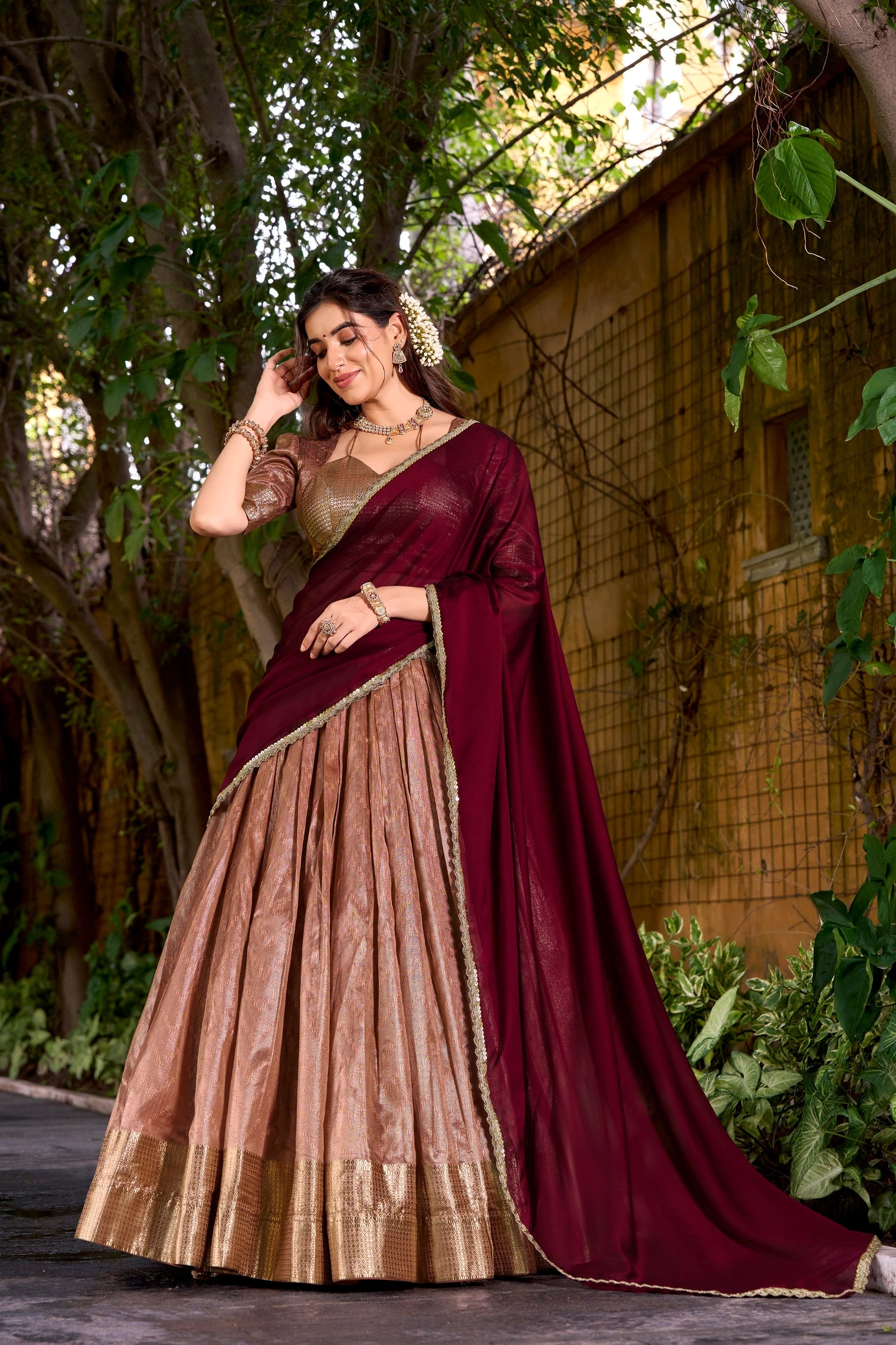 Lorenvalley Fashion Peach Dupion Silk Zari Weaving Work Lehenga Choli with Dupatta | Grocsy