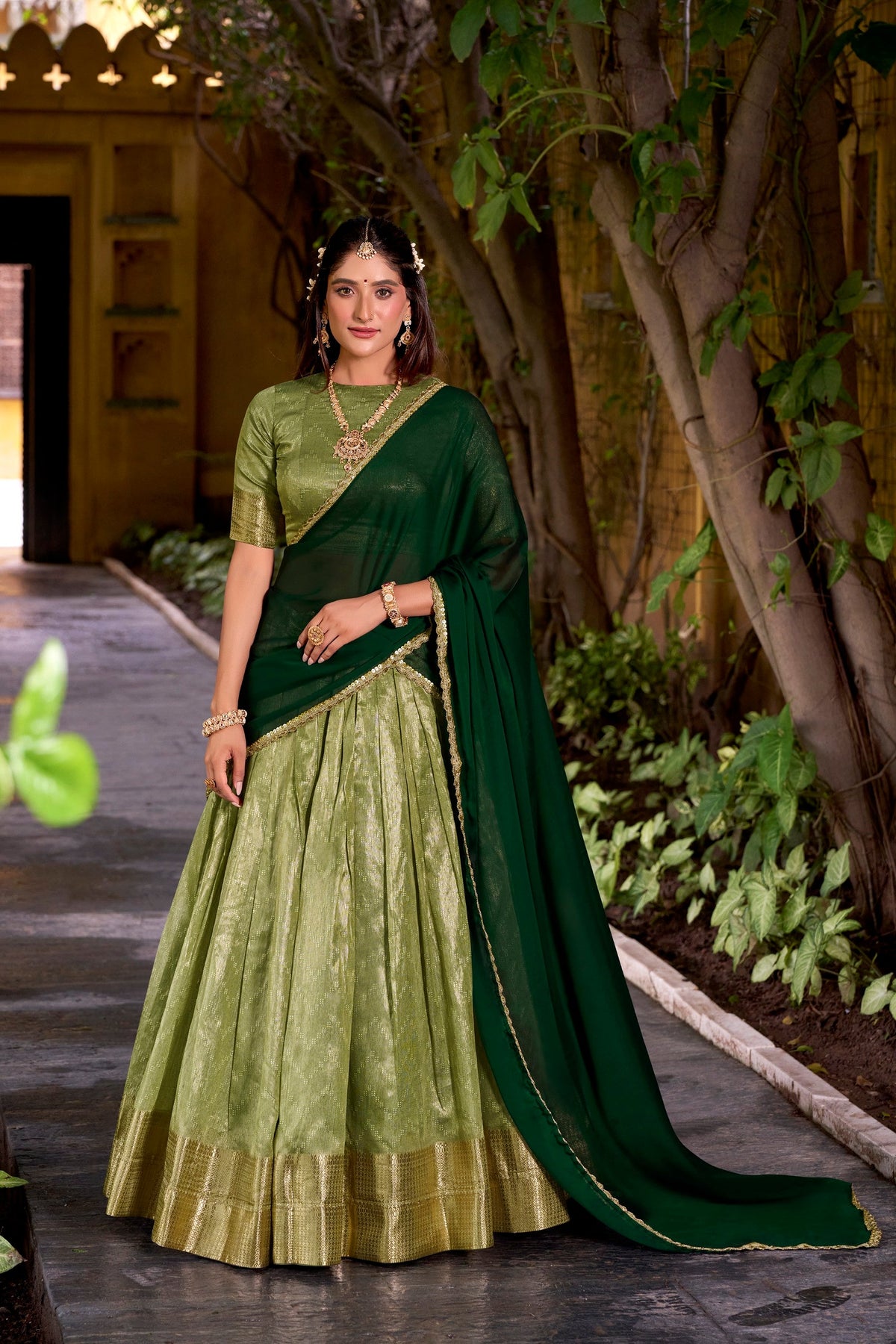 Lorenvalley Fashion Pista Dupion Silk Zari Weaving Work Lehenga Choli with Dupatta | Grocsy