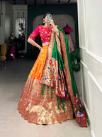 Lorenvalley Orange Jacquard Silk Paithani Zari Weaving Work Lehenga Choli with Dupatta | Grocsy