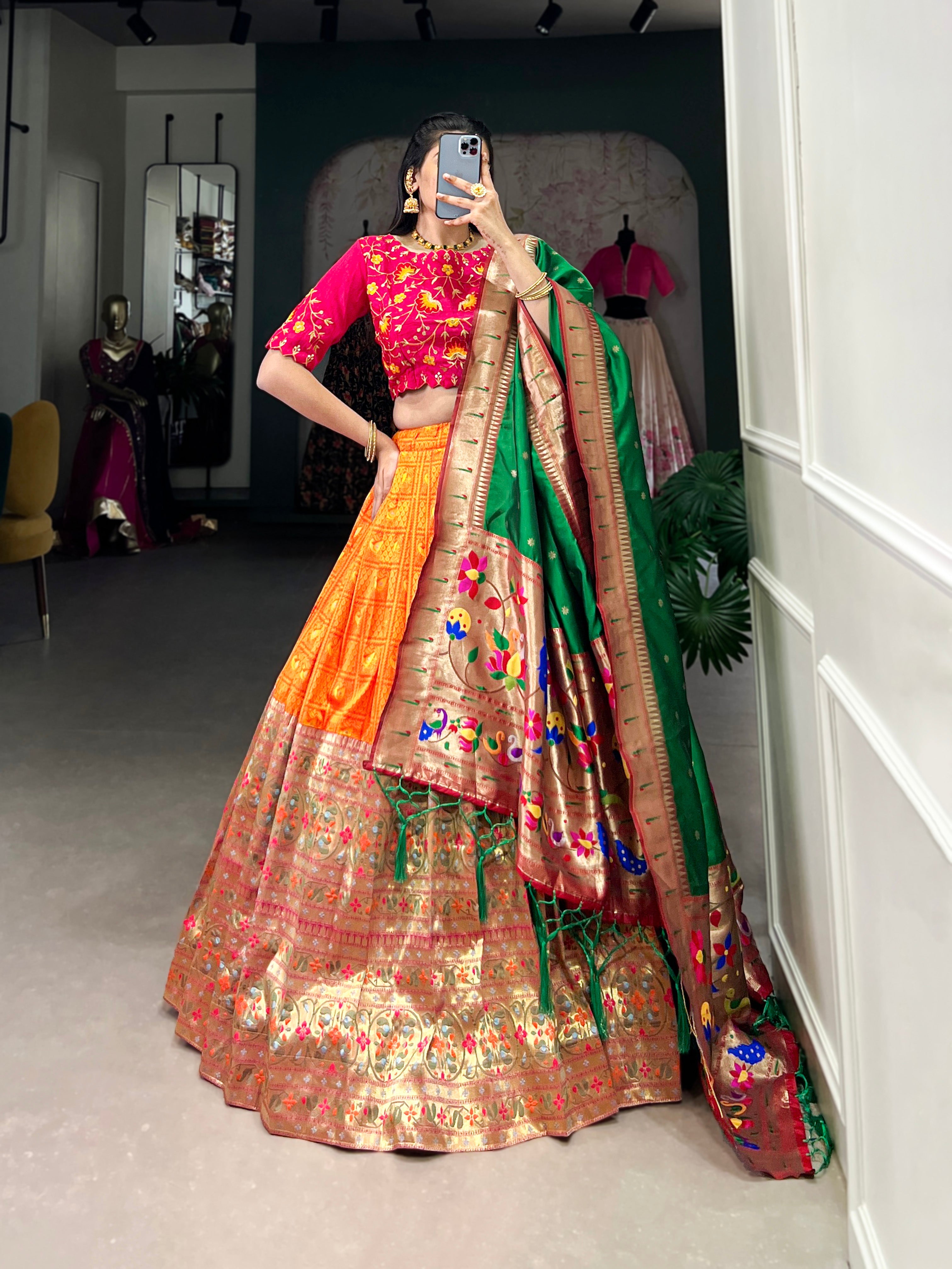 Lorenvalley Orange Jacquard Silk Paithani Zari Weaving Work Lehenga Choli with Dupatta | Grocsy