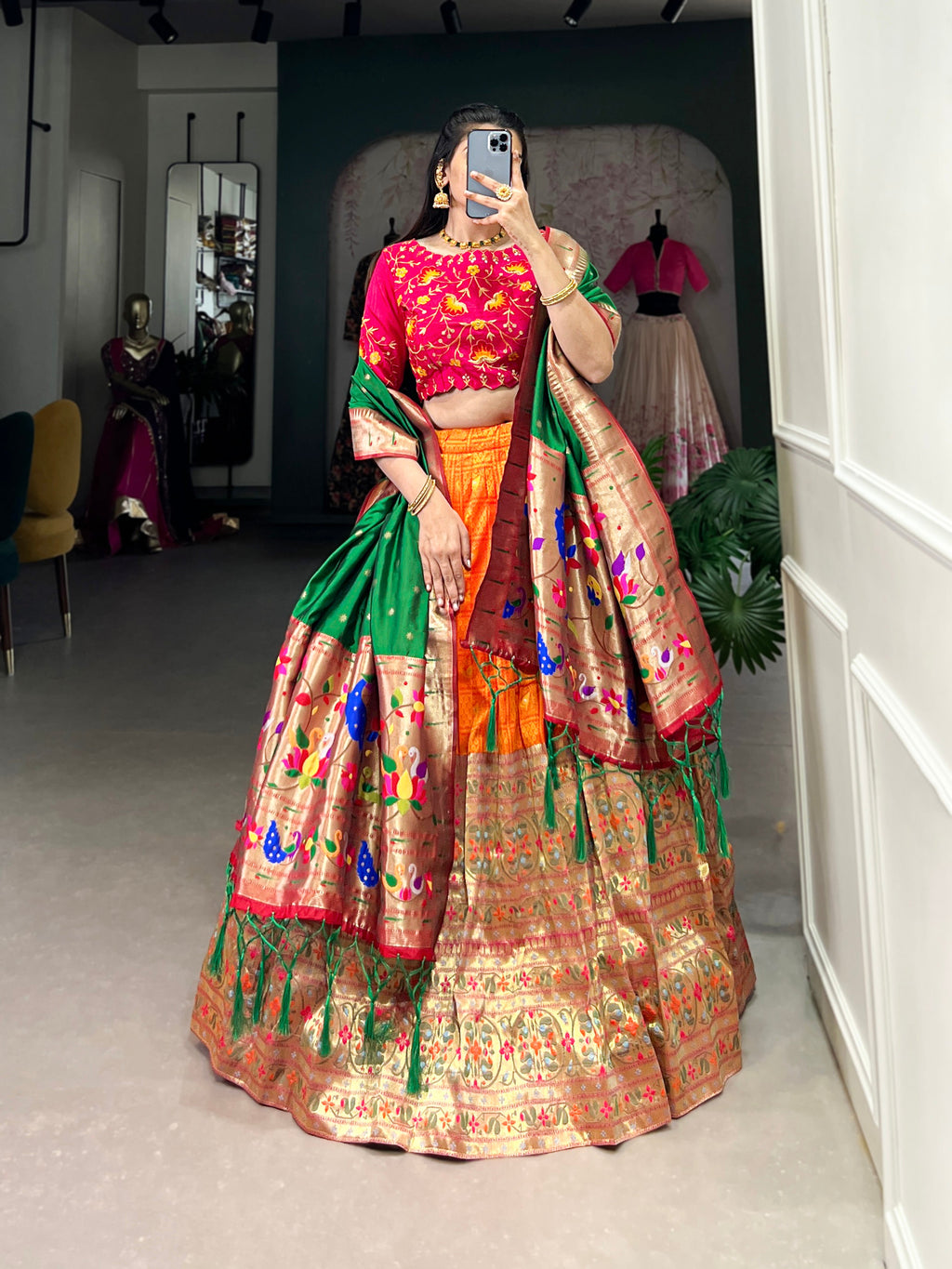 Lorenvalley Orange Jacquard Silk Paithani Zari Weaving Work Lehenga Choli with Dupatta | Grocsy